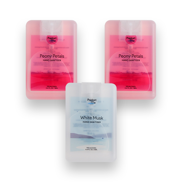 Pocket Me Hand Sanitizer Spray - 2 x  Peony Petals 18ml + 1 x White Musk 18ml